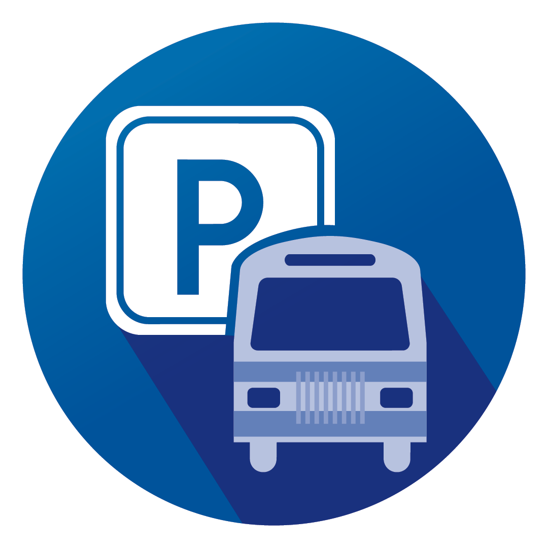 transporation icon with parking sign and front view of a bus